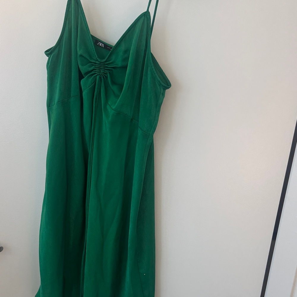 Zara Green Slip Midi Dress with Ruched Bust